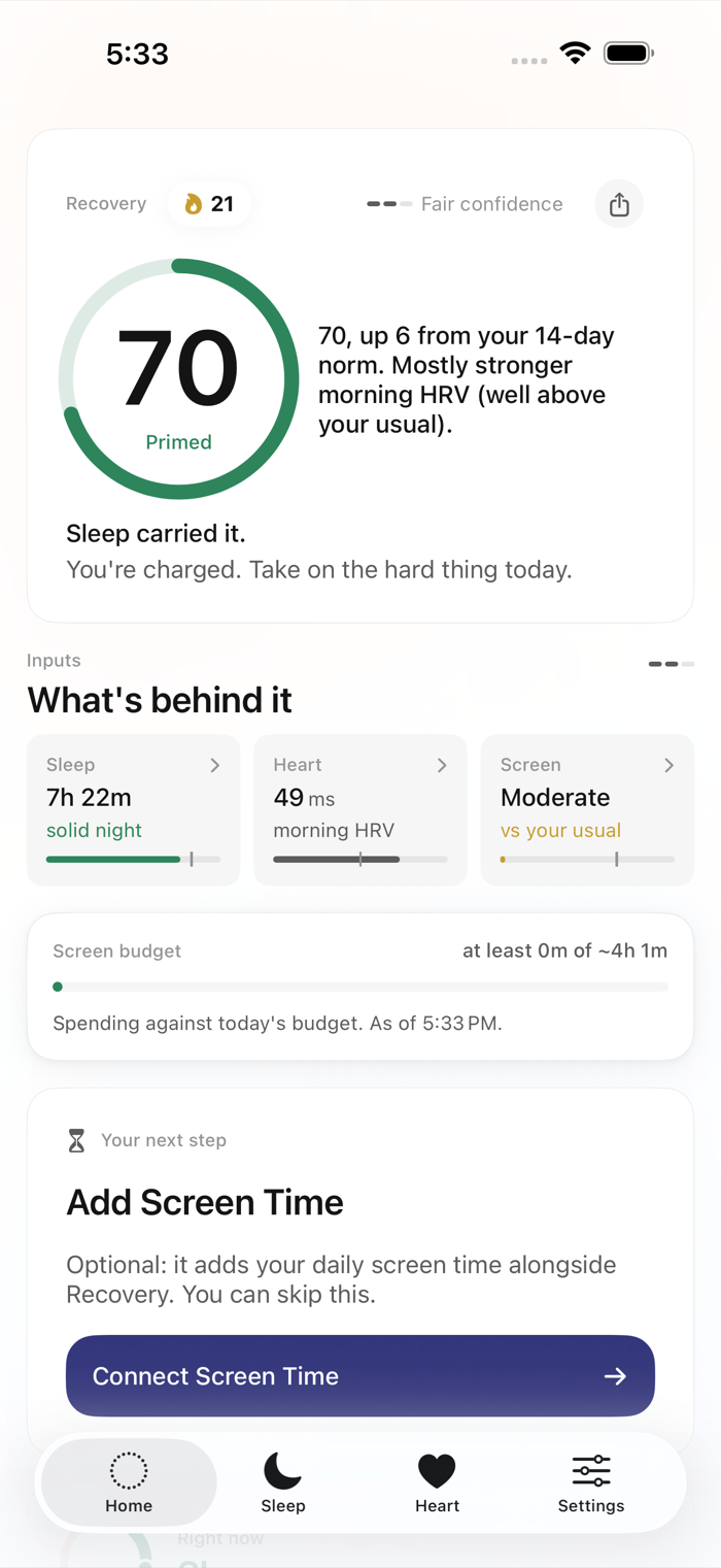 MindOS home screen with the banded Recovery score and what is behind it