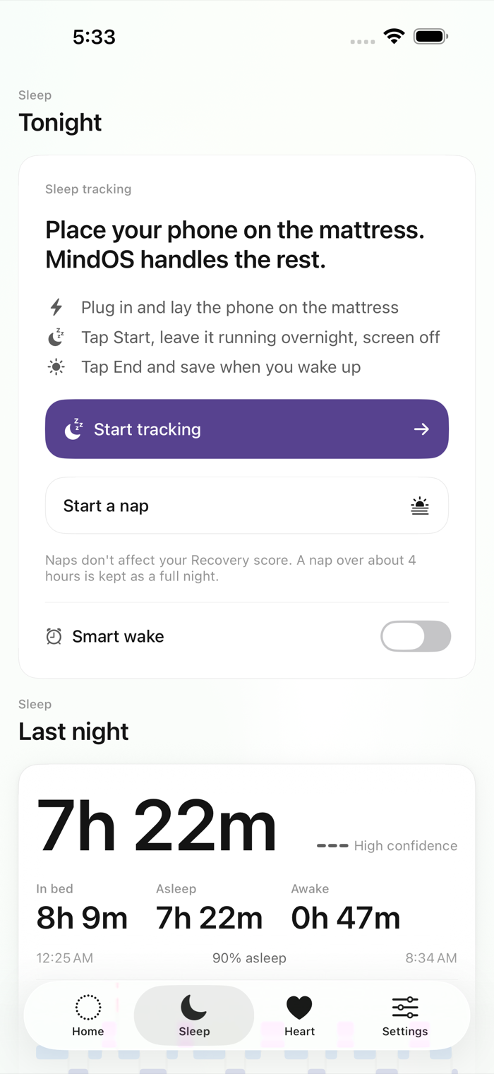 On-device sleep tracking screen with last night's stages