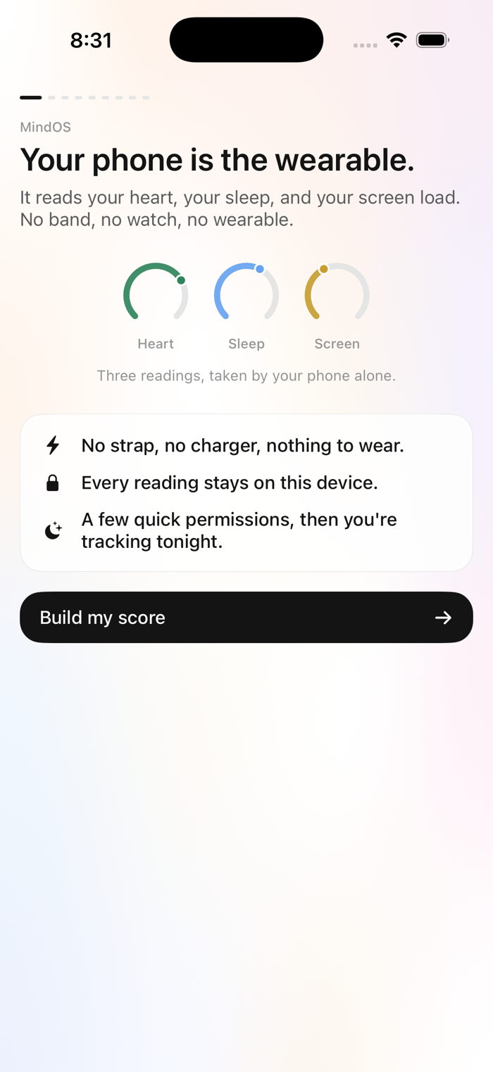 MindOS welcome screen: your phone is the wearable, reading heart, sleep and screen